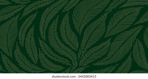 Pattern with spruce needles. Winter linear botanical pattern. Line illustration with Christmas tree branches and leaves on dark green background. Pine needles texture. Autumn pattern with foliage