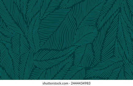 Pattern with spruce needles. Winter linear botanical pattern. Line illustration with Christmas tree branches and leaves on dark green background. Leaves withh linear texture