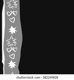 Pattern of spruces, hearts,stripes, spots,stripes, vertical seamless, copy space . Hand drawn.