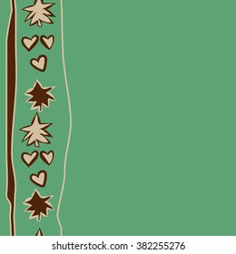 Pattern of spruces, hearts,stripes, spots,stripes, vertical seamless, copy space . Hand drawn.