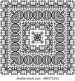 The pattern is square. Square composition. Lots of details. Black outline on white background. Vector graphics. Symmetrical pattern.