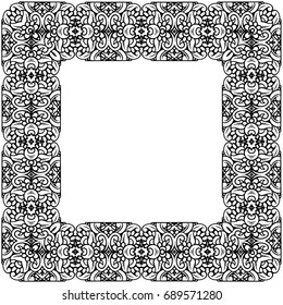 The pattern is square. Square composition. Lots of details. Black outline on white background. Vector graphics. Symmetrical pattern. Frame.