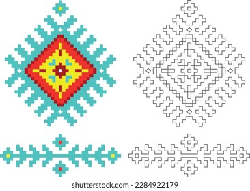 Muster in einem Quadrat. Ornament. Farbzeichnung. Umrisszeichnung. Geometrisches Muster in begrenzten Farben. Antistress. Färben.