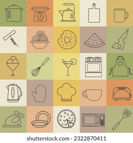 Pattern with squares background kitchen utensils food glass pizza vector illustration