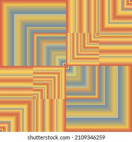 Pattern from squares. Bright geometric background from gradient lines in autumn colors of blue, red and yellow. For decor, textile, fabric, background.