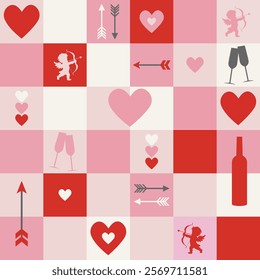 Pattern of squares with cherubs, arrows, a bottle of wine, glasses and hearts. Pastel light red pink and white colors. Love and romantic background