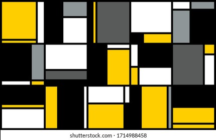 A pattern of squares consisting of yellow, black, and gray elements with a bold black outline. Abstract modern geometric background for the design of your products, presentations, items, and more.