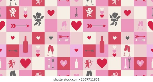 A pattern of squares with cupids (cherubs), arrows, a bottle of wine, glasses and hearts. Light pink and white colors. Love and modern romantic background. Valentine's Day