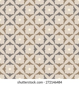 Pattern squares shamrocks, grey-beige. On a beige background brown shamrocks in the form of squares. Abstract, geometric pattern. For printing and textile prints. 