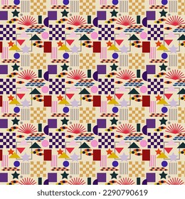 Patrón de cuadrados, estrellas, círculos y formas abstractas