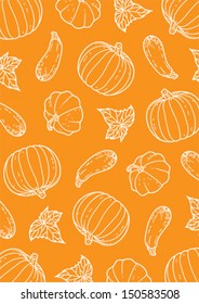 pattern of squash, pumpkin and zucchini on a dark orange background