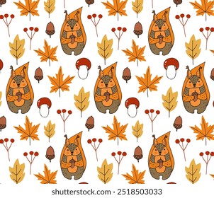 A pattern with a squirrel, autumn leaves, acorns and mushrooms. Autumn botanical seasonal symbols. Autumn mood with squirrel and gifts of the forest in vector graphics. Seamless autumn background 