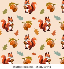 Pattern with squirrels and acorns.Vector seamless pattern with red squirrels, acorns and leaves on a colored background.