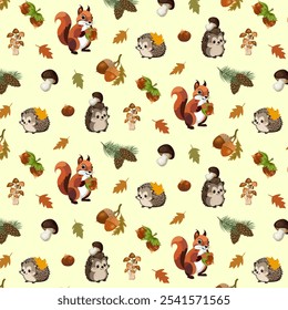 Pattern with squirrels and hedgehogs.Vector seamless pattern with squirrels, hedgehogs, mushrooms, nuts and autumn leaves on a colored background.