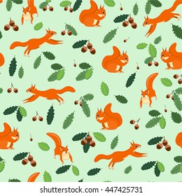 The pattern of squirrels jump, sit on a green background with leaves and acorns