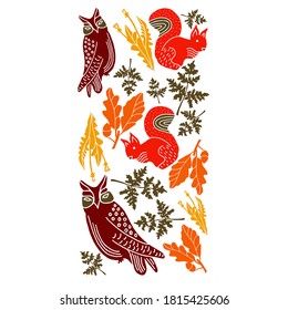 Muster mit Eichhörnchen und Eulen, Herbstgrafik auf weißem Hintergrund. Eichenblätter mit Akkorden