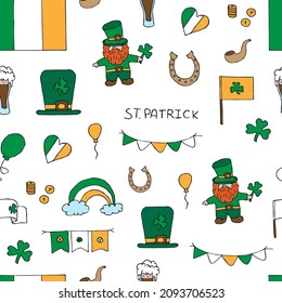 Pattern for St. Patrick's Day. Ireland, Irish flag, balloons, balloons, horseshoe, beer,rainbow, hat,green, yellow, white, rainbow. Vector illustration. All elements are isolated