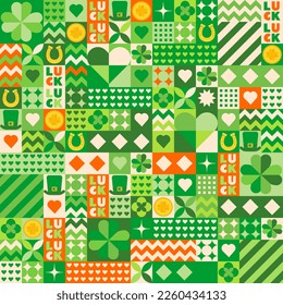 Pattern for St. Patrick's Day in mosaic style.
Bright, modern, detailed with festive elements, horseshoe, good luck, shamrock, gold, leprechaun hat and lots and lots of shades of green.