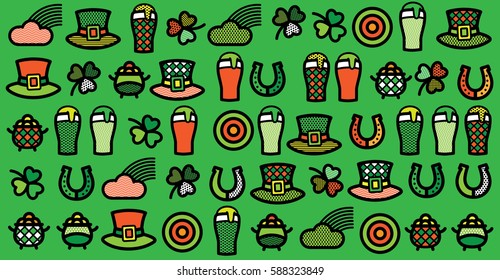 Pattern for St. Patrick's Day. Ornament of the Irish symbols on a green background. Template for design of card, poster, banner.