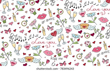 Pattern for St. Valentine's day contains pastel colour symbols and decorative elements of St. Valentine Day on the white background. Vector Illustration