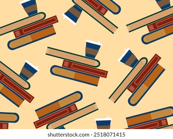 Pattern of stack of books and blue cup of coffee. Study, textbooks, hot drink. Vector illustration