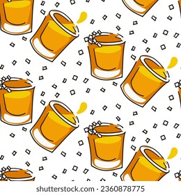 A pattern from a stack of tequila and salt. Color seamless vector pattern of tequila glasses on a white background. Abstract, cartoon image with an alcoholic drink. Printing on textiles and paper