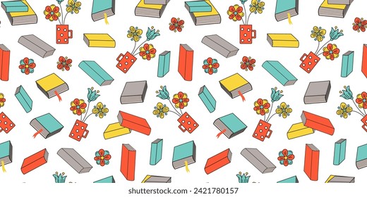 Pattern. Stacked books, mug with flowers. Love of reading and learning concepts. Seamless background.