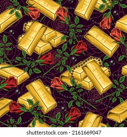 Pattern with stacked gold bars, beads, black pearl strings, contour roses, dollar sign. Vintage vector illustration on a dark burgundy background. Treasures, luxury, rich concept