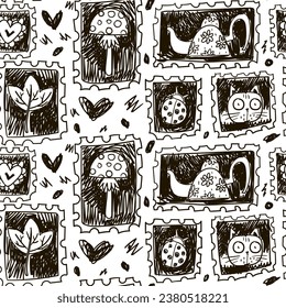 A pattern of stamp badges, a stamp in black and white. Halloween, autumn vector design. Seamless texture with hand-drawn stamps as a marker. Teapot, heart, leaf, ladybug in a dashed style. Sketch