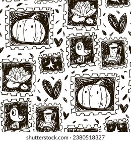 A pattern of stamp badges, a stamp in black and white. Halloween, autumn vector design. Seamless texture with hand-drawn stamps as a marker. Pumpkin, bird, cat, fly agaric in a dashed style. Sketch