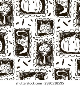 Pattern of stamp badges, a stamp in black and white. Autumn, Halloween vector design concept logo collection. Seamless texture with hand-drawn stamps as a marker. Autumn items in a dashed style Sketch
