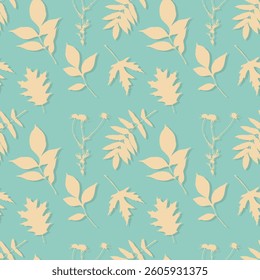 Pattern with stamp imprints leaves, botanical silhouettes on light blue background.