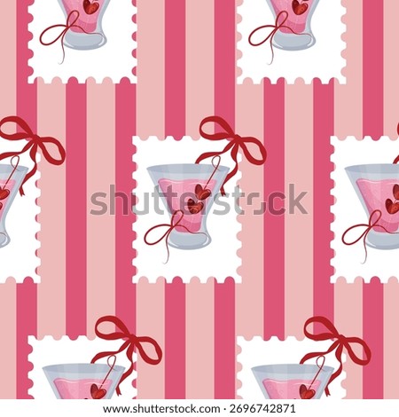 pattern with stamps with the design of small glasses for various drinks and red bows on a pink background, for web design, stickers, branding and decor