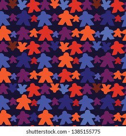 Pattern of standard colorful wooden meeples for board games. Boardgames symbol for community icons or geek print. Figures from table games.