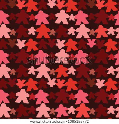 Pattern of standard colorful wooden meeples for board games. Boardgames symbol for community icons or geek print. Figures from table games.