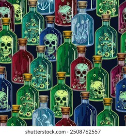 Pattern with standing upright colorful bottles of potion with human skull inside, mushrooms, crystals. Halloween creepy graphics in vintage style.