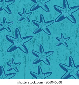 Pattern with star fish on blue grunge background, vector illustration