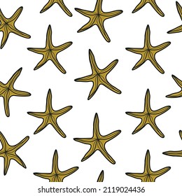 A pattern of starfish. Ocean. Vector illustration of animals. Mammals. Marine life. Printing on fabric, wallpaper and design. A hand-drawn picture.