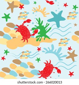 Pattern ?rab and starfishes on a blue background