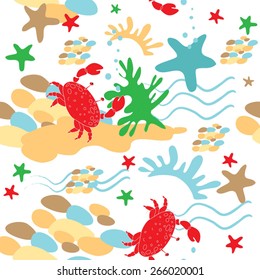 Pattern ?rab and starfishes on a white background