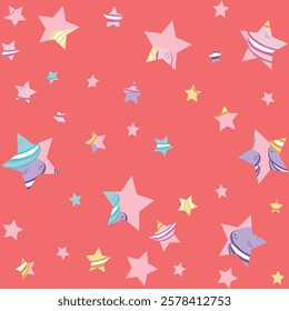 Pattern of stars of all sizes and shapes and with interesting and trendy textures to make them brighter, some with backgrounds in squares, dots and other geometric shapes.