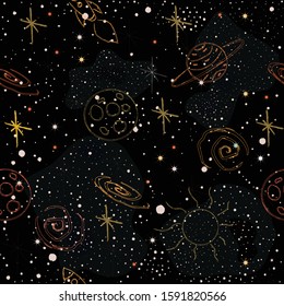  Pattern with stars and bright shiny stars on dark background. Cosmic Background for cards, book covers, templates, patterns, etc. Vector Illustration