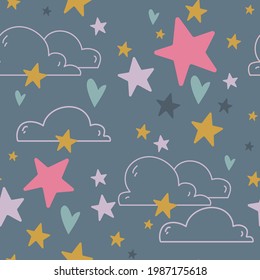 Pattern of stars and clouds in boho style on a dark gray background. Vector illustration. Cute print seamless pattern