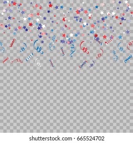 Pattern with stars and confetty for Memorial Day celebration on transparent background.Red and blue color elegant star background. Vector Illustration.