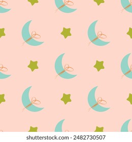 A pattern of stars and a crescent moon on a pink background. The stars are scattered throughout the pattern, with some closer together and others further apart