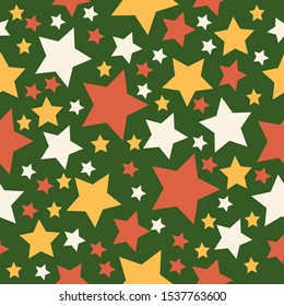 Pattern of stars of different sizes on a green background, yellow, orange, white vector illustration for design and decoration