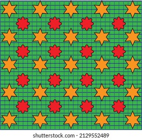 Un patrón de estrellas y flores sobre un fondo de cuadrícula verde - Diseño para papeles textiles y de envoltura