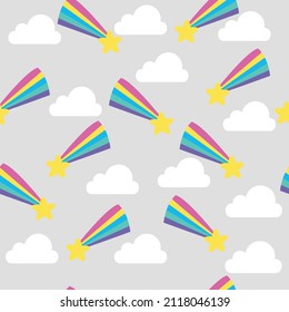 patrón con estrellas. una estrella voladora con una columna de arco iris. patrón para el tejido para bebés. ilustración vectorial, eps 10.