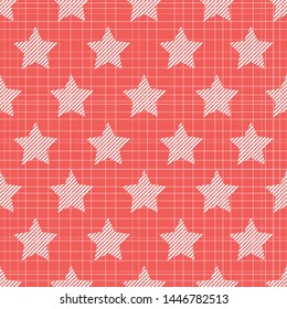 Pattern with stars on red background. Seamless vector template. Christmas star. Texture for printing on fabric paper or for holiday. Vector illustration.