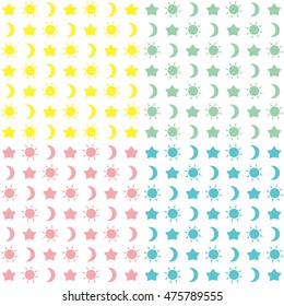 Pattern with stars, suns and moons are in 4 colors. Beautiful texture for fabrics and ceramic tiles.